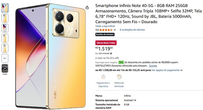 Smartphone Infinix Note 40-5G - 8GB RAM 256GB