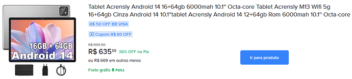 Tablet Acrensly Android 14 16GB RAM + 64GB