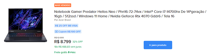 Notebook Gamer Predator Helios Neo PHN16-72-74VX
